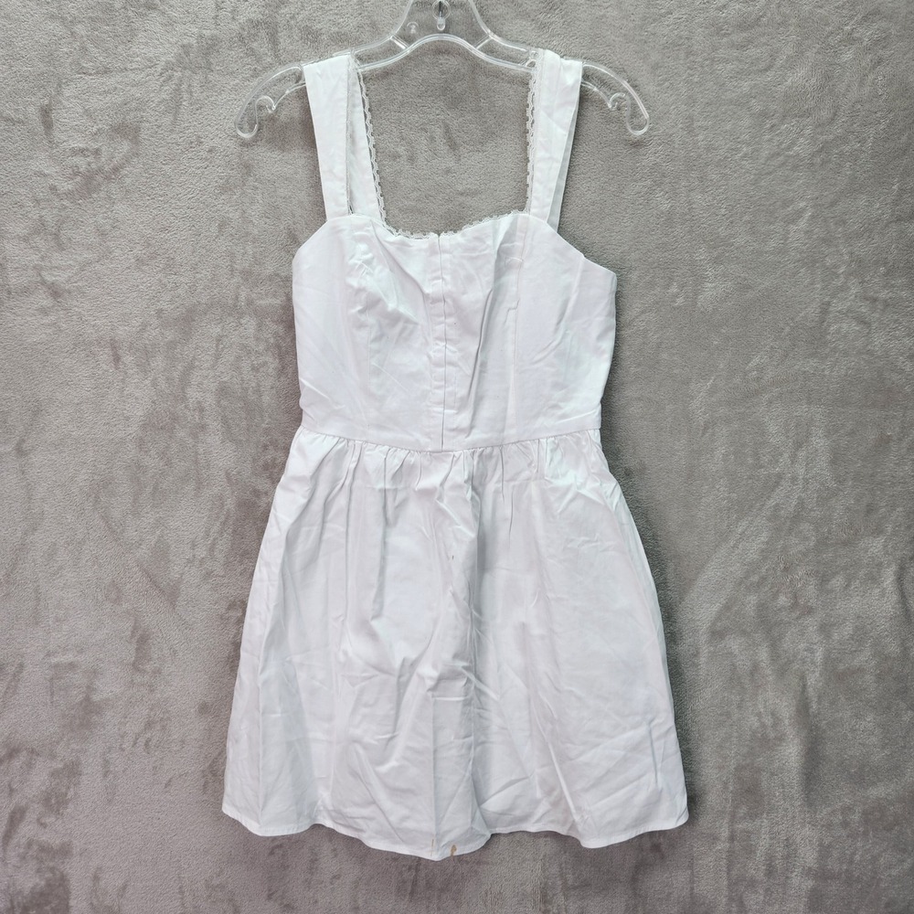 AND NOW THIS Womens Small White‎ Mini Dress Smocked Back Lace Trim Square Neck